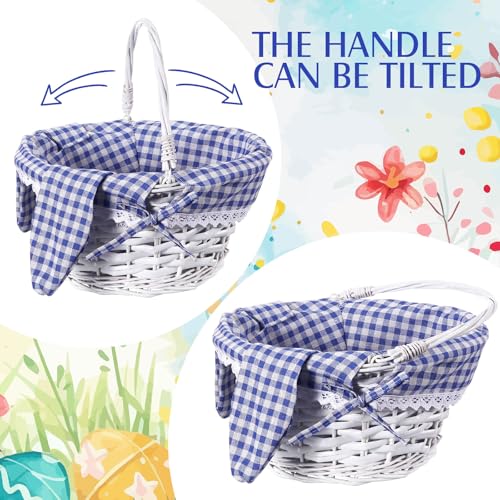 Image of Hushee Easter Willow Gift Basket 11 inchx7 inch Easter Wicker Bunny Baskets with Folding Handle Plaid Liners for Kids Toys Eggs Hunt Wood Bunny Bucket Decorations(Blue and White Plaid)