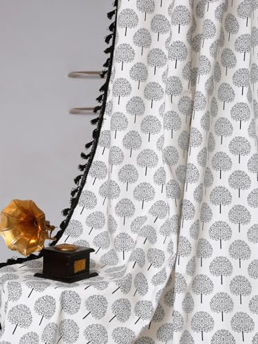 Image of Cortina Tree Light-Filtering 100% Cotton Curtains 5 feet Long Set of 1 for Window [ Opacity: 50-60%, Color: White Black, 180 GSM ]
