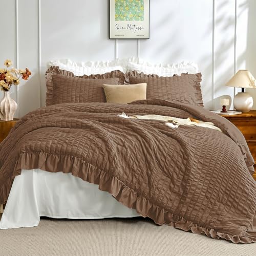 Image of JOLLYVOGUE King Size Comforter Set, 3 Pieces Oak Brown Seersucker Comforters King Size, Lightweight & Fluffy Bedding Sets King for All Season with 1 Ruffle Comforter and 2 Ruffle Pillowshams