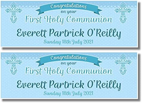 2 Personalised First Holy Communion Banners - Design 2 (Congratulations on your) Any Name & Date - Available for GIRL or BOY (Pink)