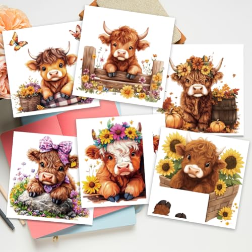 AHANDMAKER 6 x Lichtschalterplatten Aufkleber. Highland Rind Farbenfrohe Blumen Flatternde Schmetterlinge Schalteraufkleber Für Lichtschalter Schlafzimmer Laptop 7 x 7 Zoll