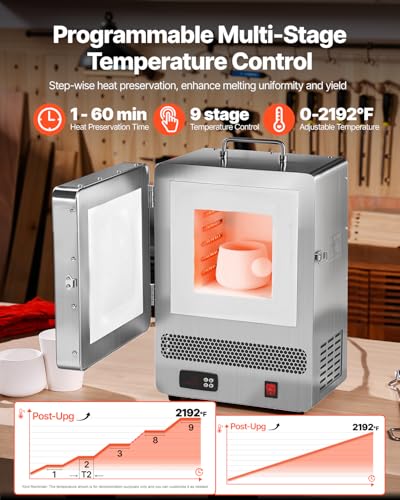 Image of VEVOR 1500W Programmable Electric Kiln, Digital Melting Furnace with Multi-Stage Temperature Control, Stainless Steel 2192F /1200℃ for Jewelry, Metal, Glass, Ceramics, Wax Casting & DIY Crafts | Stainless Steel, Programmable Tabletop Kiln Melter for Wax Casting, Clay DIY, Metal Tempering, Glazing on Pottery, Silver