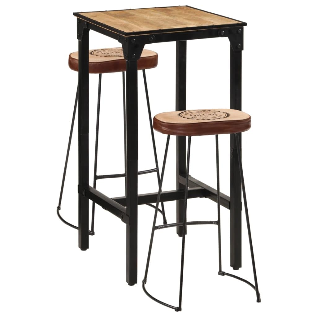 Ensemble de bar 3 pièces en bois de manguier brut et métal avec 1 table de bar 60 x 55 x 107 cm, 2 tabourets de bar avec housse en cuir et lin, table à manger stable pour cuisine, salle à