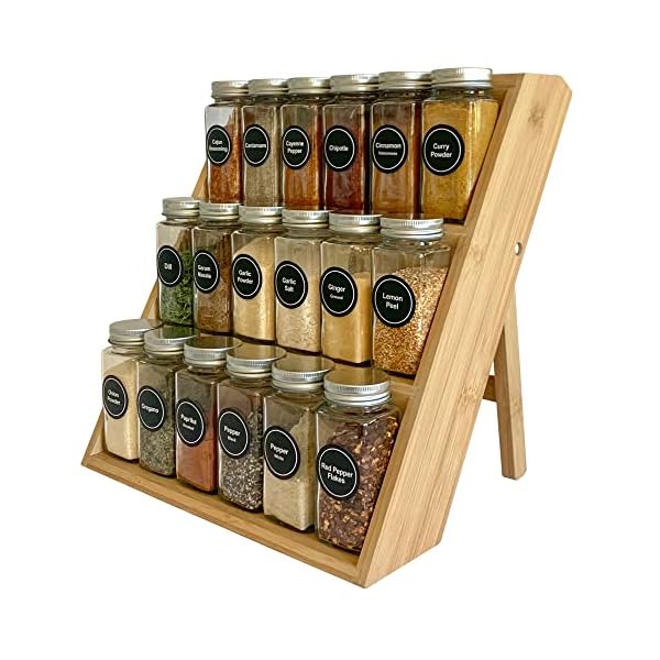 Pacific Moon Tree Bamboo Spice Rack and Organizer, 3-tier Seasoning Spice Jar Organizer, Excellent Tiered Wooden Spice Racks Free Standing for Cabinet Drawers and Countertop