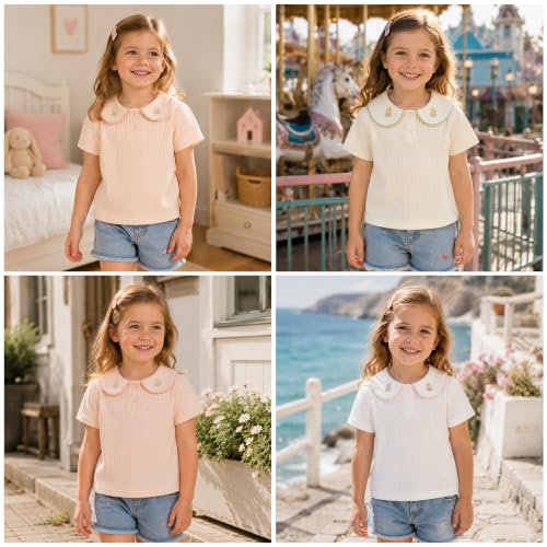 Image of Mud Kingdom Girls Peter Pan Collar T-Shirts Flower Top Short Sleeve Summer