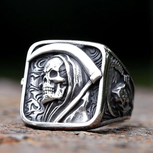Gothic Skull Ring Stainless Steel Signet Ring for Men Reaper Ring with Hook Design Jewelry Gift3