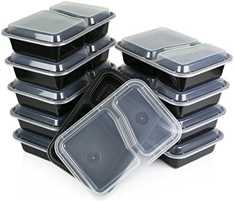 Microwaveable 2 Compartment Food Container, Divided Plate, Lid, Bento Box, Lunch Tray with Cover- 10 Pack