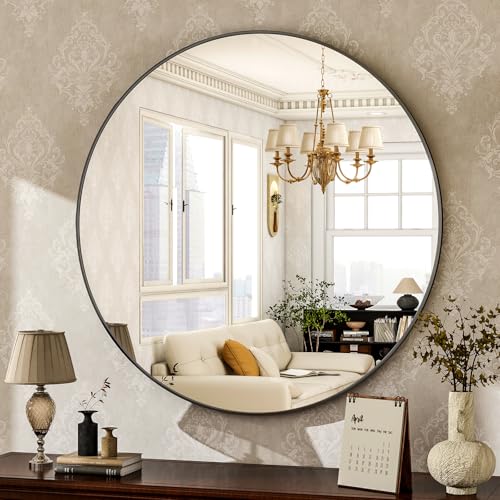HARRITPURE Round Mirror 24 Black Wall Mounted Circle Mirrors Vanity Mirror with Brushed Aluminum...