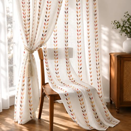 Image of THE LINEN COMPANY Cotton Sheer Curtains with Linen Texture, Transparent Window Drapes, Rod Pocket Design, Light Filtering & Privacy Protection, Leaf Print, 6.5 Feet, Pack of 2
