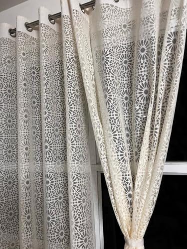 Image of Fabrilia Geometric Pattern Net Semi Sheer Grommet Curtains for Living Room /Bedroom, 5 feet Window, Cream, Set of 2