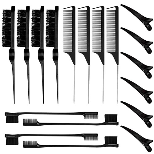 18 Pieces Hair Styling Comb Hair Brush Set, Nylon Teasing Hair Brush Rat Tail Comb, Smooth Comb Grooming Double Sided Edge Brush For Edge&Back Brushing, Combing, Slicking Hair For Women Girls (Black) #TOP8
