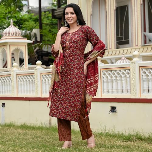 Image of LookMark Women's Embroidered Cotton Straight Kurta Set with Pants & Dupatta - Elevate Your Style with This Exquisite Ensemble