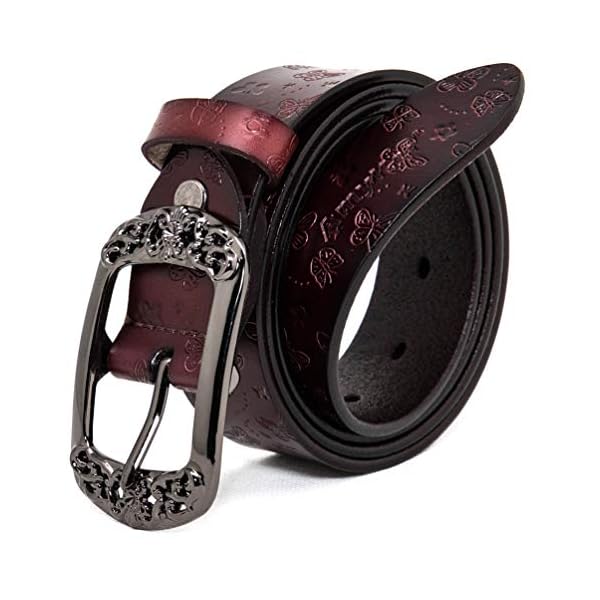 AmyKer Women Vintage Genuine Leather Belts With Embossed Buckle for Jeans Black Brown Red Yellow Camel Gift box Ak011,Brown,43 inch (110cm)