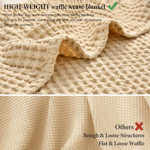 Image of PHF 400GSM 100% Washed Cotton Waffle Weave Blanket, Cozy Breathable Skin-Friendly Throw Queen Size for All Season, Luxury Fall Layer Bedspread for Couch Bed Sofa,Elegant Home Decor,Beige, 90 inch inch x90