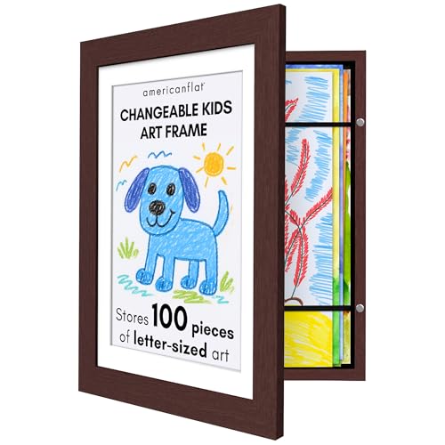 Image of Americanflat 8.5x11 Changeable Kids Art Frame - Mahogany | Holds 100 art pieces, magnetic front door, built-in keyholes for wall display, stores finished artwork