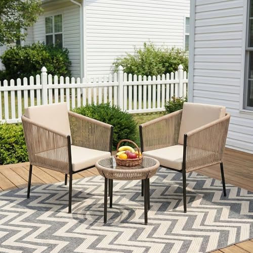 Image of OUTLIVING Braid & Rope 2 Seater Garden Patio Seating Chair and Table Set Outdoor Balcony Garden Coffee Table Set Furniture with 1 Table and 2 Chairs Set with Cushion (Beige)