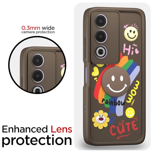 Image of Pikkme Back Cover for Oppo A3 Pro 5G | Soft Silicone| Cute Rainbow Smile & 3D Cartoon Flower Design | Shockproof Raised Camera Protection Bumper Case (Brown)