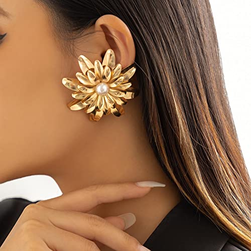 TseenYi Punk Flor Margarita Pendientes De Oro De Metal Pendientes De Flores Pendientes Florales De Perlas De La Vendimia Grandes Tachuelas De Flores Joyas Para Mujeres Y Niñas Regalos