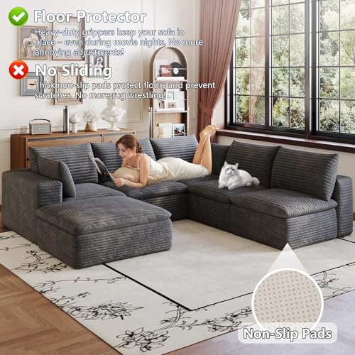 Image of 103 inch Cloud Couch Modular Sectional Sofa for Living Room, U-Shape Boneless Couch with Deep Seat, Modern Corduroy 5-Seater with Ottoman, No Assembly Required, Dark Grey