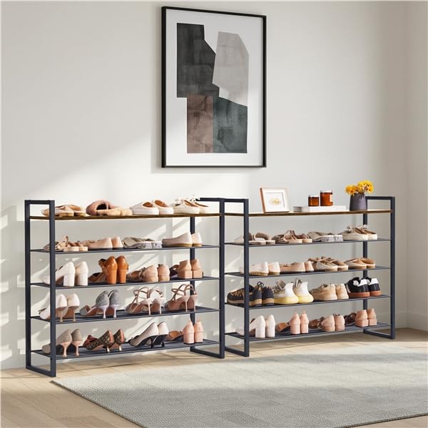 Yaheetech Schuhregal Schuhablage 10 Ebenen, verstellbares Metallgitterregal, große Oberfläche, Metallgestell, für 40-50 Paar Schuhe, Eingang, Korridor, Rustikal-Braun