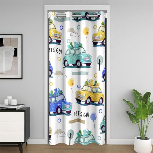 Cartoon Voitures Rideaux Interieur Salon Chambre Taxi Imprimé Rideau Occultant Rideaux pour Enfants Garçon Fille Public Vehicle Rideau de Porte 150x203cm Bleu Jaune Vert Rideaux Exterieur d'entrée