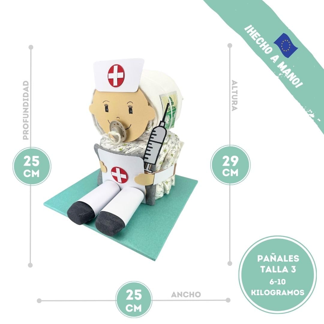 myBambini ® Tarta de Pañales Enfermera y Cuidadora - Niños y Niñas - Neutro Unisex - Regalo de nacimiento - Baby shower - Baby - Fiesta del bebé - Productos para bebé - Trapo para eructar