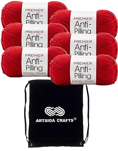 Premier Yarns Everyday Anti-Pilling Really Red DN100-7 (6-Skeins - Same Dye Lot) #4 Worsted Weight Acrylic Yarn for Crocheting and Knitting with Project Bag