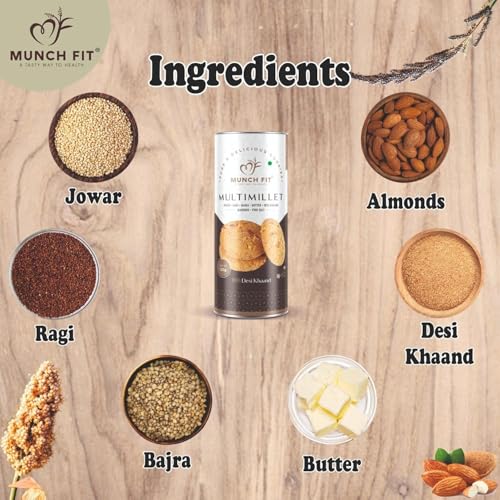 Image of Munch Fit Healthy Multimillet Cookies 125gm Pack of 6 | Egg Less Cookies Made Desi Khand with Jowar Ragi Bajra Cookies | Gluten Free, No Maida, No Added Sugar | 100% Natural Crunchy Snacks