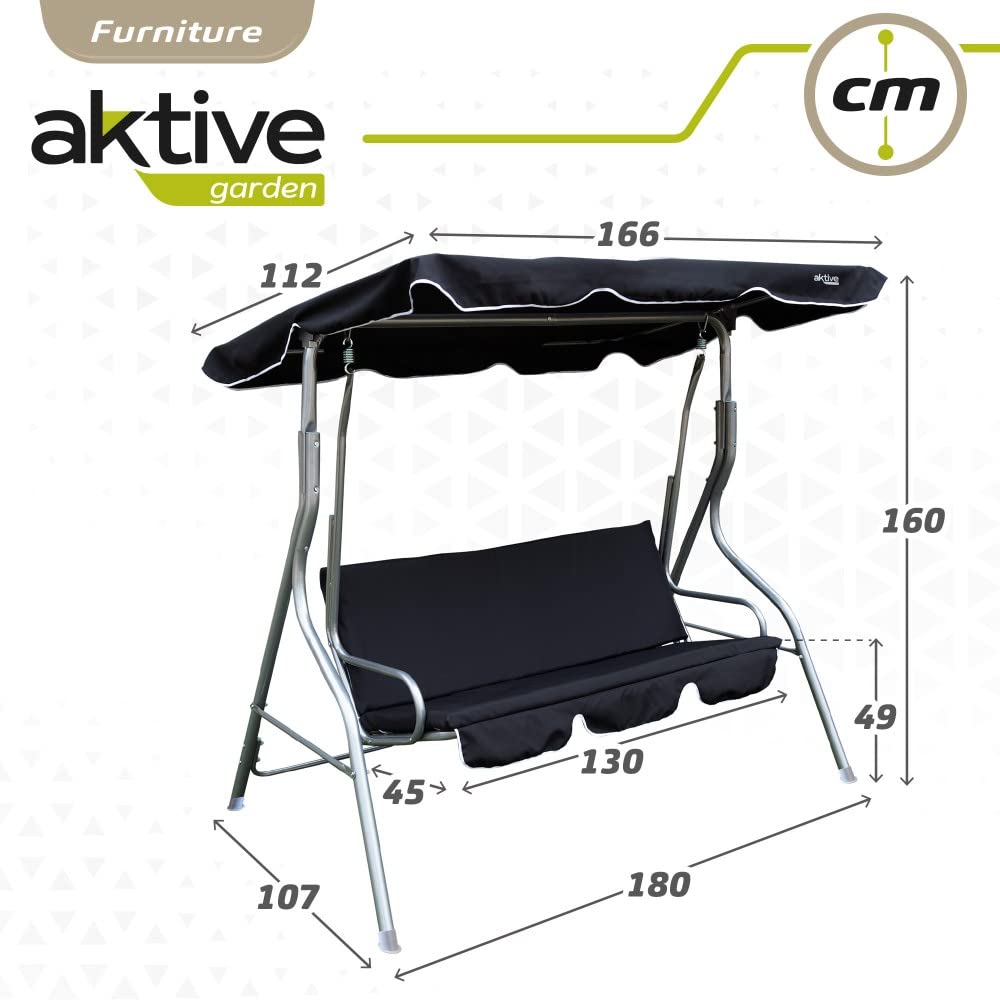 Aktive 61111 - Altalena da giardino a 3 posti, nera | Tendalino basculante, seduta e schienale imbottiti | Sedia a dondolo da giardino antiscivolo per esterni | Misure 170x110x153