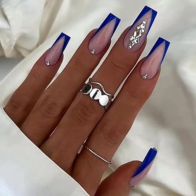 FRUJCDKI Long Press on Nails Square French Fake Nails Full Cover Luxury Blue Rhinestone French Acrylic False Nails for Women and Girls 24PCS