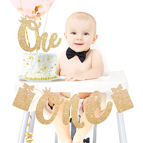 1st Birthday Party Decoraton Set Supplies One Year Old Banner Cake Topper Kit, Glitter First Birthday High Chair Banner and One Cake Topper Baby Shower Favor (Copper Rose Gold Color)