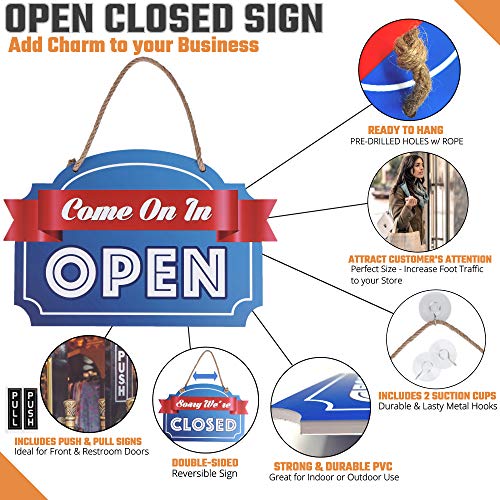 Open Closed Sign for Business – Bundle with 2 Suction Cup, Pull and Push Stickers - Double-Sided Open Signs for Business is The Ideal Hanging Banner for Restaurant Stores Bar Windows or Doors