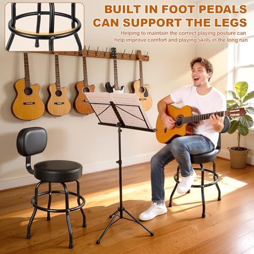 Image of 360 Degree Swivel Guitar Stool with Backrest & Footrest - Padded Cushion, Heavy Duty Iron Frame, Non-Slip Base for Acoustic Electric Bass Practice, Home Studio Stage (Black-d)