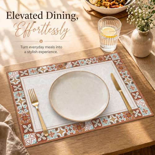 Image of Premium Leather Dining (Pack of 4) Placemats - Waterproof, Heat Resistant, Non-Slip Table Mats for Kitchen & Dining (Brown Portico Tile)