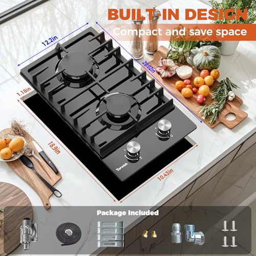 Image of TOPWISH 12 Inch Gas Cooktop 2 Burner, Propane Stove Top 18,000 BTU Black Tempered Glass LPG /NG Convertible Dual Fuel Built-in Natural Hob with Thermocouple Protection for Rvs Kitchens Apartment Indoor