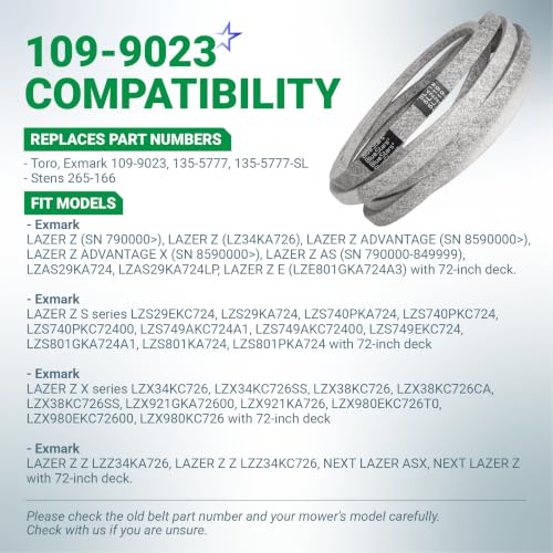 Image of BlueStars 109-9023 Deck Belt Aramid Cord Belt 5 /8 inch x 219 inch | Deck Belt for Exmark 72 Inch Deck Lazer Z X, Next Lazer Z Series Zero-Turn Mowers - Replaces 1099023 135-5777 135-5777-SL