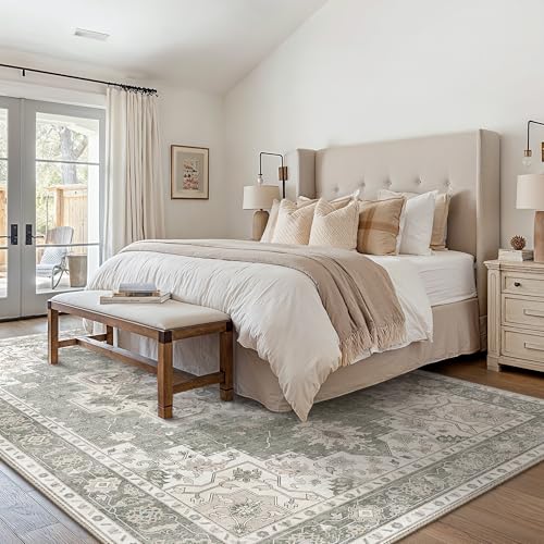 GENIMO 9x12 Area Rugs for Living Room, Non Slip Machine Washable Vintage Rugs, Low Pile Lightweight Chenille Print Large Rug for Bedroom, Dining Room, Home Office, Moonlight