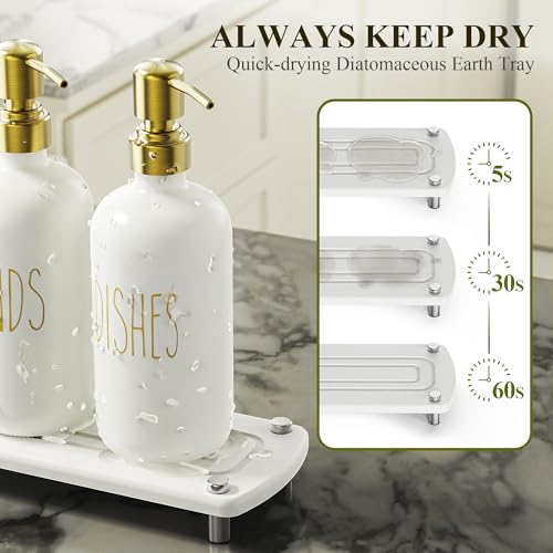 Image of Cisily Kitchen Soap Dispenser Set Comes with Ceramics Sponge Holder, Gold Pumps, and Instant Dry Tray, Hand and Dish Soap Dispenser Set (5, Gold + White + Brush Holder + Sponge Holder)
