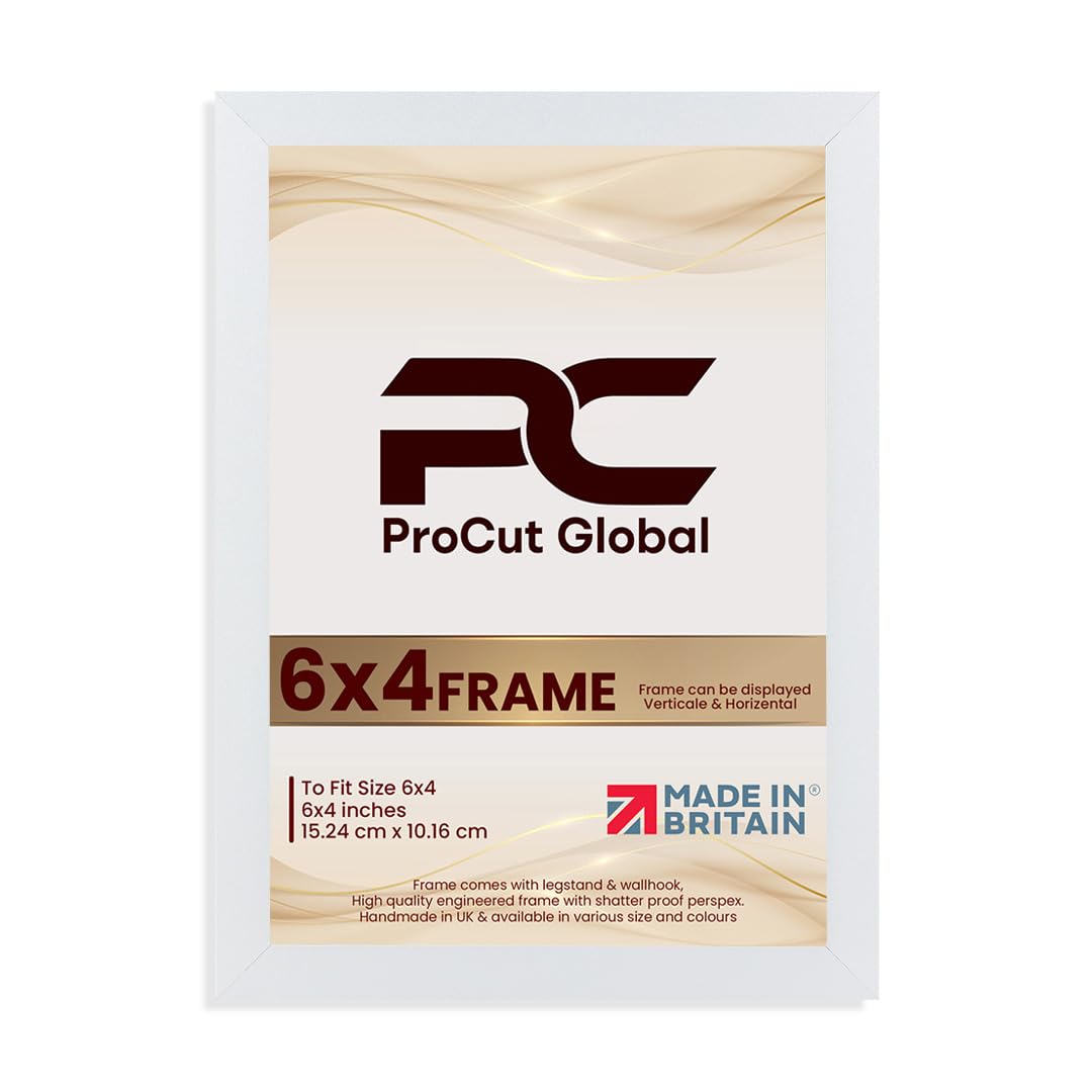 Procut Global 6X4 White Picture Frames – Sleek Wooden Photo Frame with Shatterproof Perspex for Wall or Tabletop – Perfect for Posters, Certificates, Prints–Multiple Sizes & Colors Available