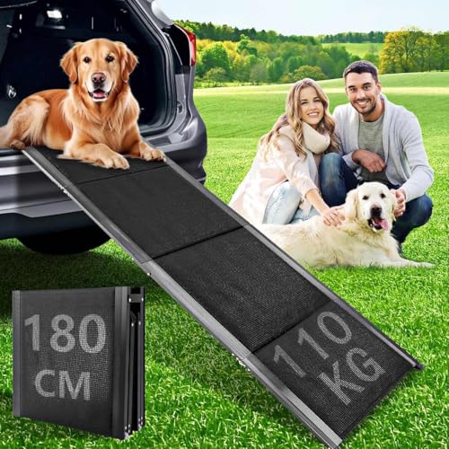 Hunderampe, 180 x 50cm Hunderampe Auto Klappbar, rutschfest Hunderampen für Autos, LKWs und SUV, bis 110 kg, Rampe Hund für Große und ältere Hunde, Aluminiumrahmen, Extra Lang