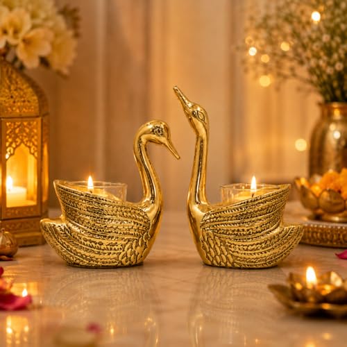 Image of CraftVatika Anniversary Wedding Gifts for Couple Marriage Gifts,Aluminium Swan Pair Candle Holder Stand for Home Decor, Return Gift for Adults, Home Decoration Items House Warming Gifts New Home.