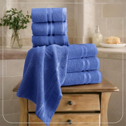 Image of 100% Cotton Terry Ultrasoft and Quick Absorbent 380 GSM Solid 6 pcs. Quick Dry Bath Towel Set for Bathroom or Gifting Towel Set (Blue)