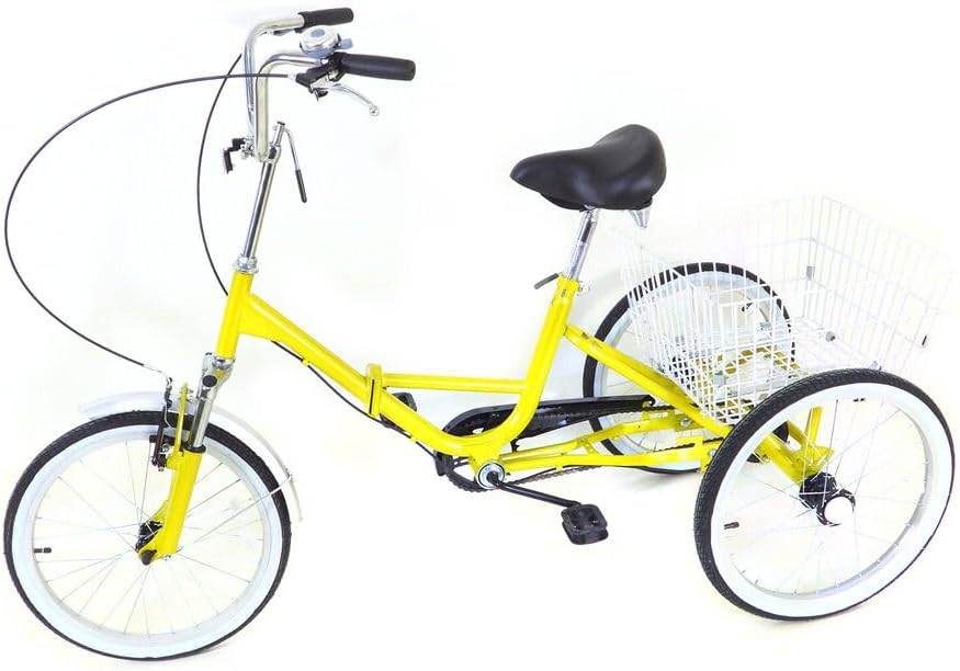 Folding Adult Tricycle, 20 Inch 3-Wheel Bike Single Speed Yellow Adult Trike Bike Tricycle for Adults with Light and Basket Height Adjustable Cruise Trike Elderly Bicycle for Shopping Picnic Beach