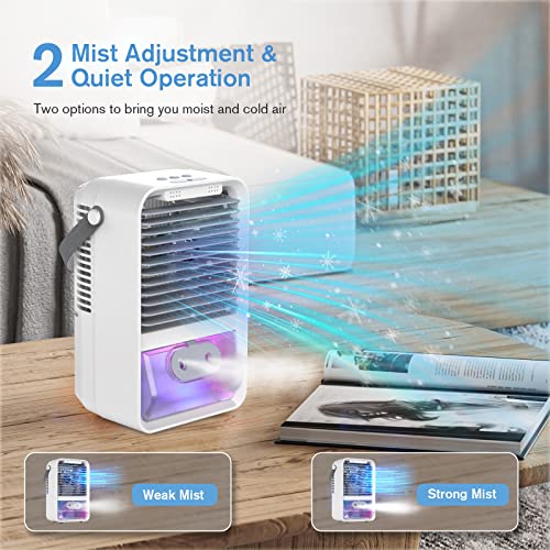 mini climatiseur portable, mini refroidisseur d'air climatiseur 4 en 1 avec aromathérapie et humidificateur, 3 vitesses mini ventilateur humidificateur avec 7 couleurs led pour maison, bureau chambre