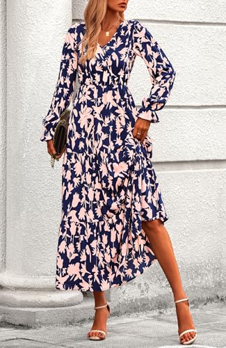 BTFBM Women Fall Dresses 2025 Casual Long Sleeve V Neck Maxi Dresses Floral Boho Long Dress Wedding Guest Dress