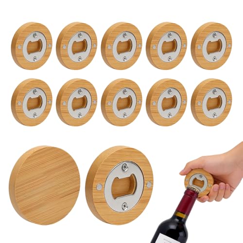 12 Piezas Abrebotellas de Madera, Abrebotellas de Acero Inoxidable de Bambú, Abridores de Cerveza con Magnetic, Abrebotellass Personalizado, Regalo para Hombres