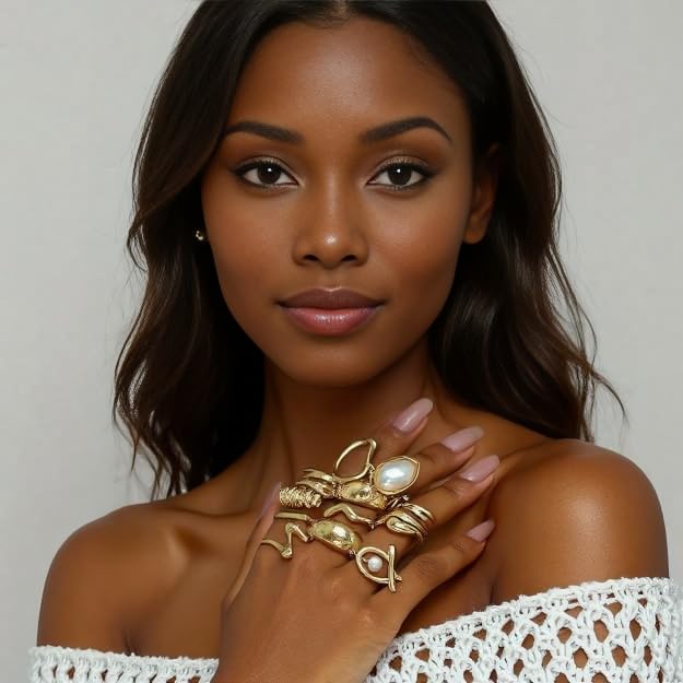 Chunky Gold Rings for Women Gold Baroque Pearl Rings Open Adjustable Pearl Ring Stacking Knuckles Rings Set Boho Prom Costume Jewelry4