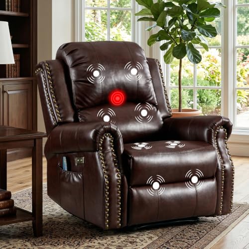 Image of HAOMARKETS Classic Power Recliner Chair with Massage and Heat, Breathable Faux Leather Electric Recliner with USB&Type-C Ports, Overstuffed Reclining Sofa with Rivets for Living Room, Caramel Brown