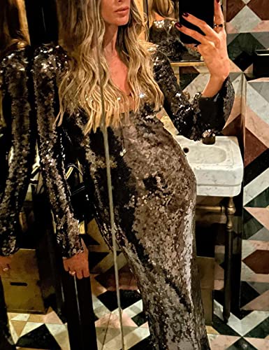 Image of Women's V Neck Long Sleeve Glitter Sequins Mermaid Evening Gown Dress