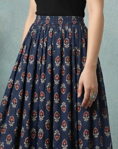 Image of Women's Floral Print Maxi Skirt, Maroon Red, 100% Pure Cotton, Elastic Waist, Full Length, Breathable Fabric
